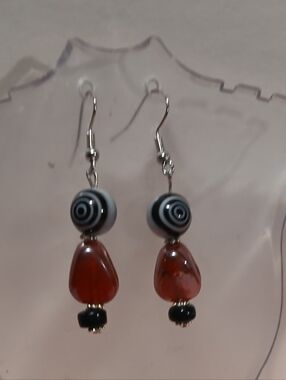 Hand Crafted Black, White & Red Dangle Earrings